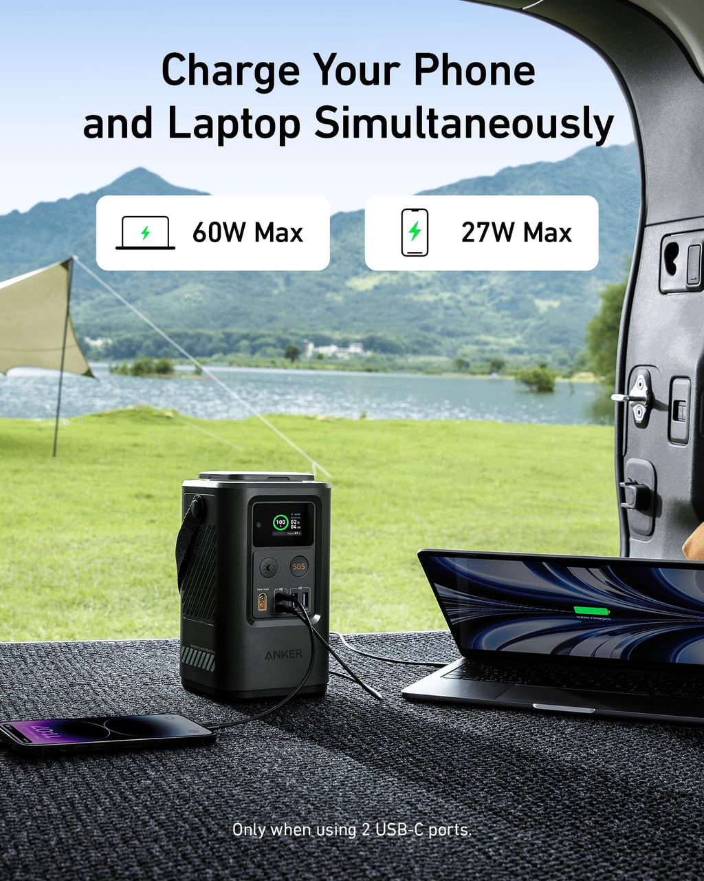 AnkerSOlLIX charging phone and laptop simultaneously with 60W max in camping van.